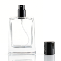 Flacon de parfum carré minimaliste en verre transparent 50ml 100ml rechargeable avec pulvérisateur à pompe et capuchon noir, parfum neutre, sérigraphié