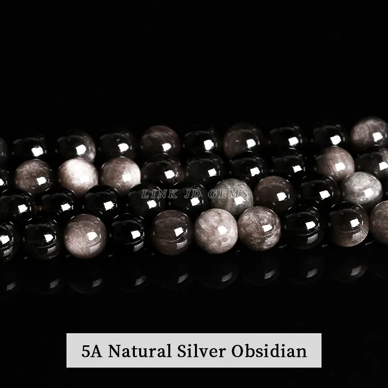 JD GEMS 4/6/8/10/12/14mm Semi Precious Gemstone 5A 7A Natural Stone Smooth Silver Obsidian Round Loose Spacer Beads for Jewelry