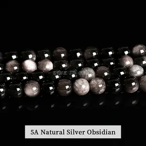 JD GEMS 4/6/8/10/12/14mm Semi Precious Gemstone 5A 7A Natural Stone Smooth Silver Obsidian Round Loose Spacer Beads For Jewelry