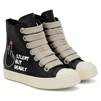 Baskets montantes noires de luxe pour femme en PU, avec logo sérigraphié personnalisé, fermeture éclair et lacets extra larges