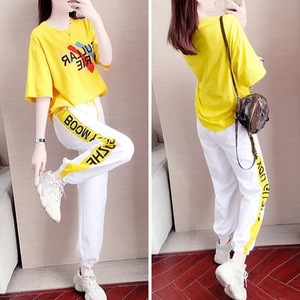 Women's Two Piece Summer Suit Yellow Short Sleeve Knitted Casual Set Fashion Geometric Pattern Polyester Fiber CX233 - Product Image 1