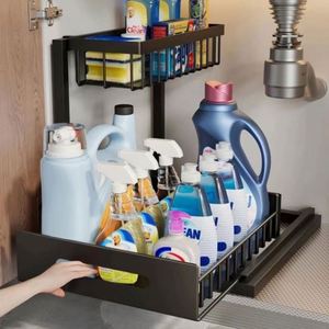 Double Tier Metal BPA-Free Food Grade <b>Under</b> Sink Bathroom Cabinet Organizer with Pull-Out Rack for Kitchen and Bathroom Storage - Product Image 3