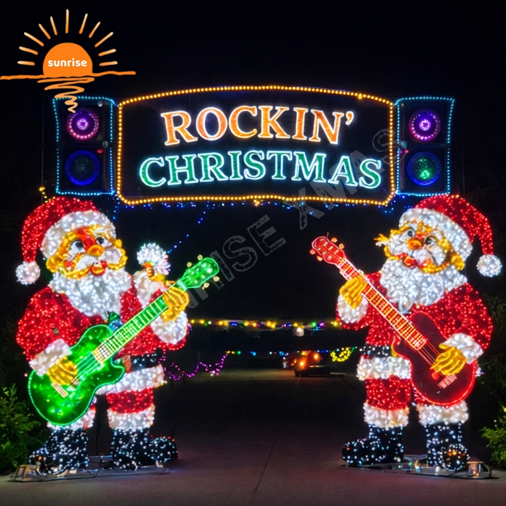 Rocking Christmas LED Santa motif Light Decoration with Guitars and Holiday Light Displays Music for Shopping Mall Plaza Event