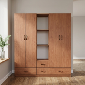 4-Door Faux Wood Plastic <b>Wardrobe</b> with 3 Shelves <b>Portable</b> 205cm X 185cm X 47cm for Adult & Children's Clothing Organization - Product Image 2