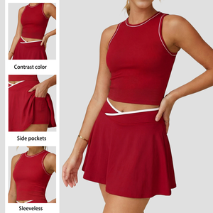 Ensembles de jupes contrastées avec logo personnalisé pour femmes, tenues 2 pièces, ensemble de tennis, badminton et pickleball à séchage rapide avec poches, style modeste - Product Image 6