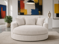 Fauteuil rond moderne en velours côtelé large noir, avec accoudoirs rembourrés, mousse haute densité et structure robuste, pour salon.