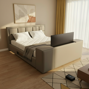 Ensemble <span class=keywords><strong>de</strong></span> meubles <span class=keywords><strong>de</strong></span> chambre à coucher moderne en cuir véritable, <span class=keywords><strong>lit</strong></span> king size intelligent rembourré avec cadre <span class=keywords><strong>TV</strong></span> et rangement intégré, vente en gros - Product Image 1