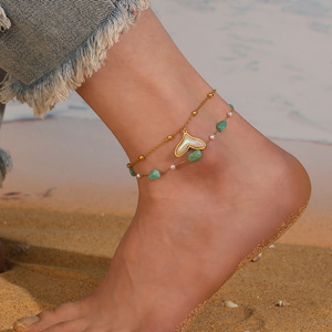 Ocean Whale Tail Double Layer Anklet Gold Stainless Steel Natural Purple Crystal Pearl Bead Starfish Gold Plated Jewelry Anklets - Product Image 1