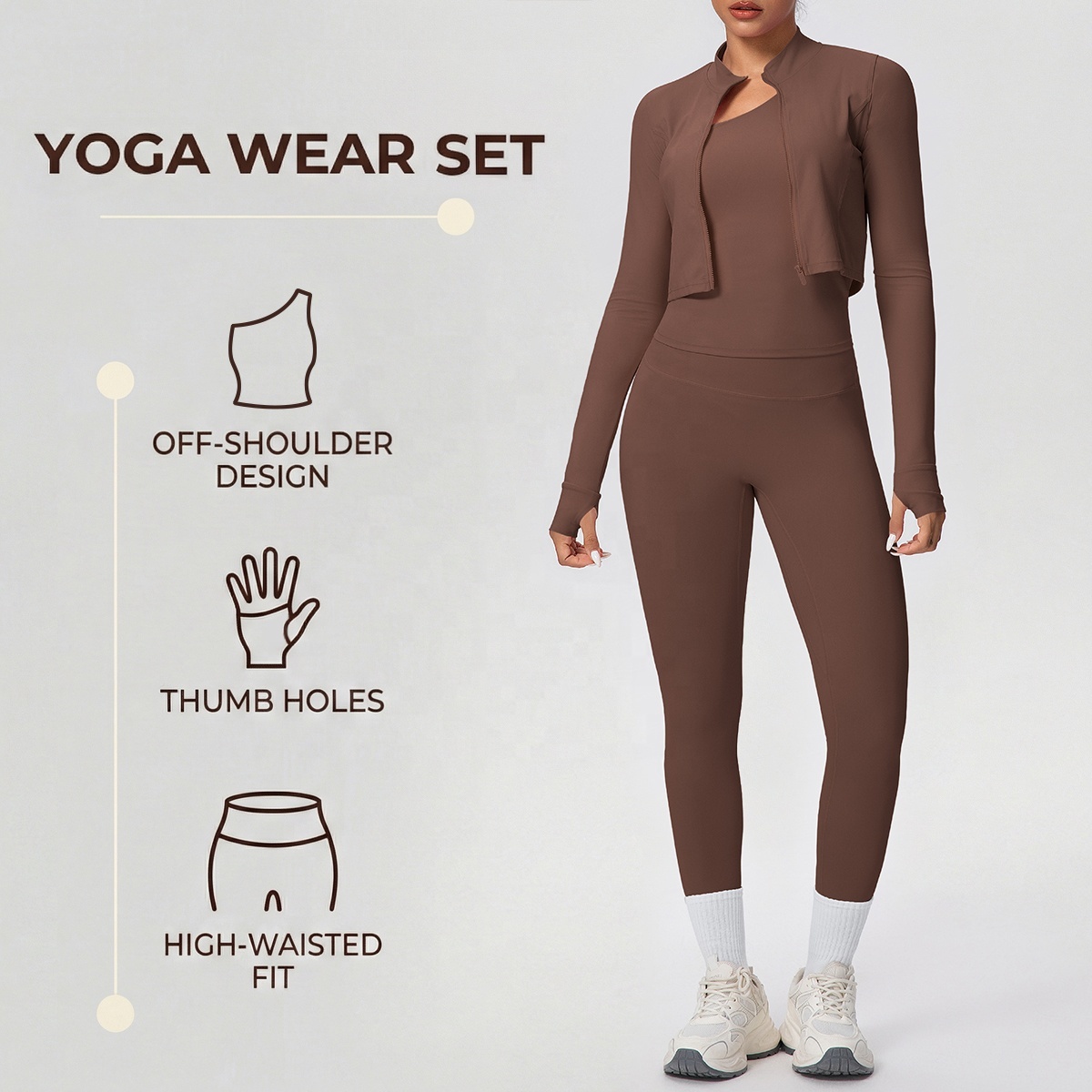 Women's 3-Piece Active Wear Gym Set Quick-Drying Sports Bra Jacket Leggings for Ladies' Workout Yoga Solid Elastic Waist