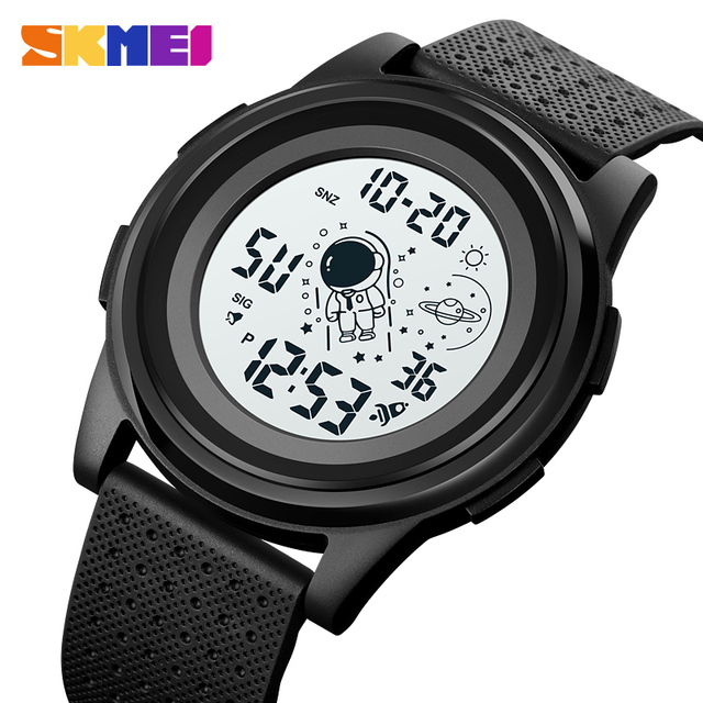 Skmei 1883 Unisex Sport Digital Electronic Watch 5ATM Water Resistant Alarm Luminous Calendar Date Black Silicone Astronaut