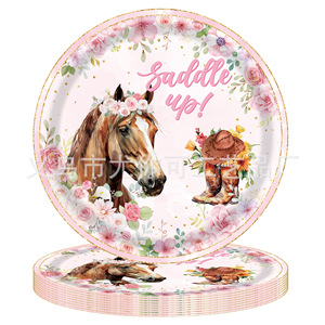 Watercolor Horse Theme Round Paper Plates Birthday Party Tableware Disposable Decorations Pink Floral Design - Product Image 2