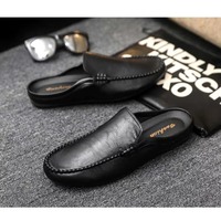 Mules en cuir sans talon pour hommes, à enfiler, semelle souple, demi-chaussures de conduite, cousues à la main, décontractées, pour le quotidien et les affaires