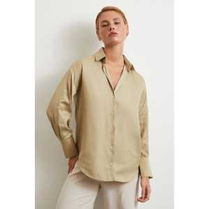 Camisa Minimalista Beige de Popelina para Mujer, Estilo Casual con Botones - Product Image 4