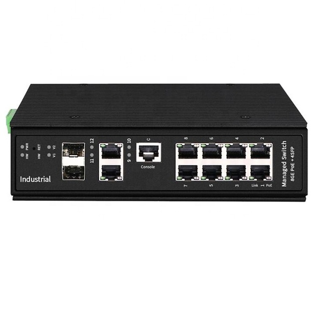 8 Port Full Industrial PoE Switch L2 Managed Ethernet Injector Switch with 2 Gigabit RJ45 Port and 2Gigabit SFP Port for IP CAM