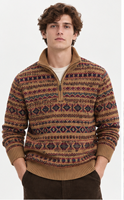 Pull en tricot Fair Isle personnalisé pour homme, col montant demi-zip, motif géométrique, camel, rétro, hiver, service ODM