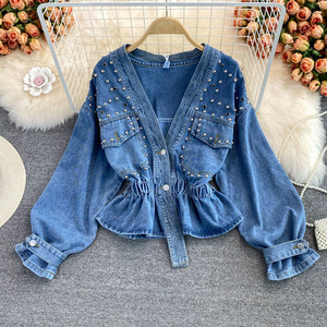 Liu <span class=keywords><strong>Ming</strong></span> Trending 2025 Otoño Nueva llegada Estilo coreano Mujeres Casual Cuello en V Loose Fit Recortada Cintura Chaqueta de mezclilla - Product Image 5