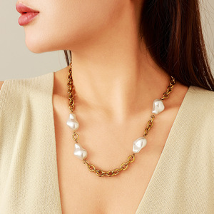 Collier en acier inoxydable avec perle baroque plaqué or 18 carats, chaîne réglable, cadeau de loisirs, mode - Product Image 2