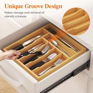 Organizador de cubiertos de bambú para cajón de cocina, bandeja divisora de madera con 7 compartimentos para utensilios. - Product Image 3