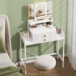 SENYU Miroir de Coiffeuse Moderne Pliable avec Éclairage 28,4'' de Largeur, Support Réglable en Hauteur, 2 Tiroirs en Tissu, Matériau MDF Blanc pour Chambre à Coucher S - Product Image 1