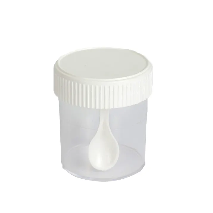 Recipiente de escopo com colher (capa branca), à prova de vazamento, qualidade 60ml, recipiente de escopo estéril com colher, venda imperdível