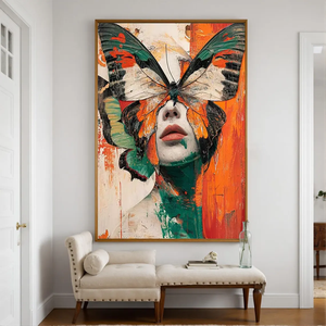 Dipinto Astratto di Donna con Farfalle, <span class=keywords><strong>Arte</strong></span> Murale Surreale Figurativa, Opera d'<span class=keywords><strong>Arte</strong></span> Originale Testurizzata in Arancione e Verde, Ritratto Moderno - Product Image 1