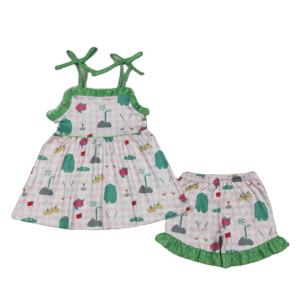 GSSO3099 RTS Vente en gros Tenues d'été pour petite fille à carreaux roses sans manches Ensemble enfant - Product Image 1