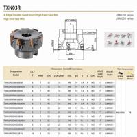TXN03R Fraise à face indexable à alimentation élevée 35-70 mm, fraise de fraisage CNC à coque 17 degrés pour plaquette en carbure double face LNMU03