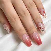 Faux ongles à presser Coffin, rose terre cuite ombré, bordure dorée, motif fleur de tulipe, brillants, vente en gros, étiquette privée personnalisée