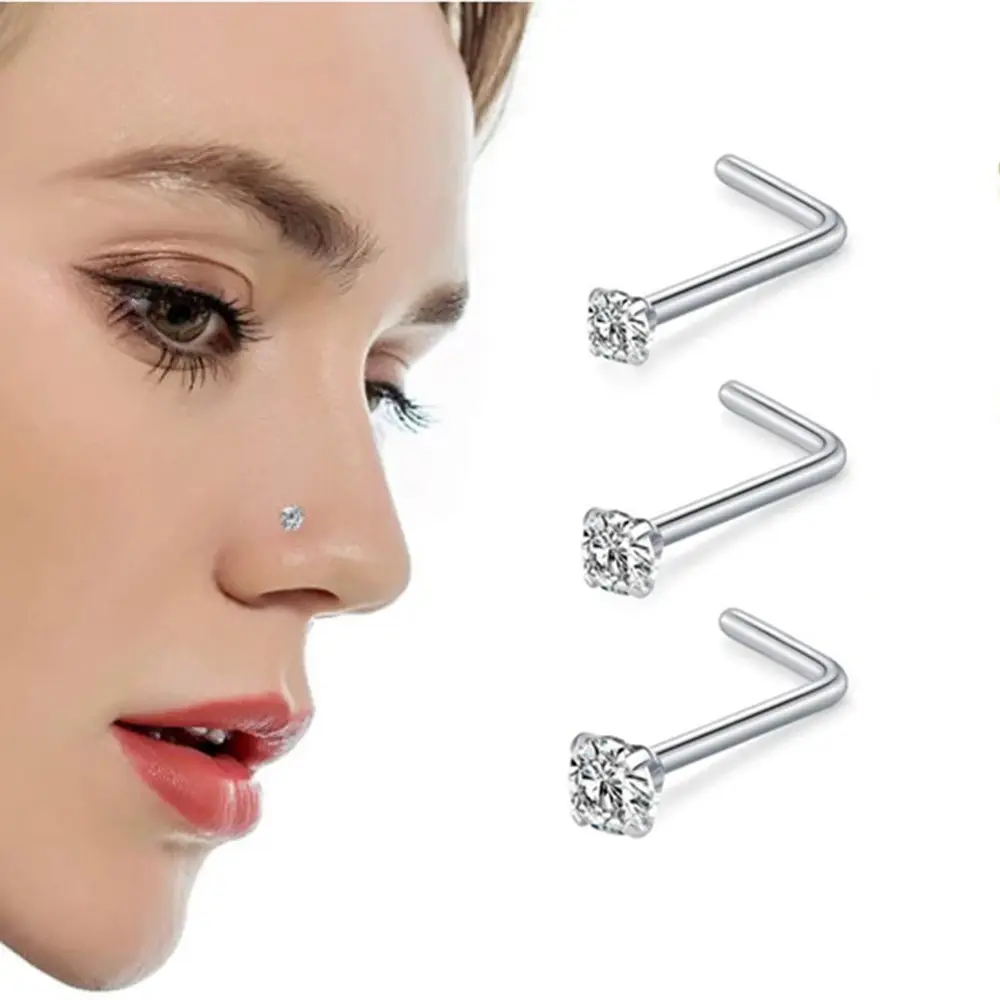 Medical Steel L Shape Septum Nose Pins Body Piercing Jewelry With Zircon Crystal Nose Stud Personalized Piercing Jewelry