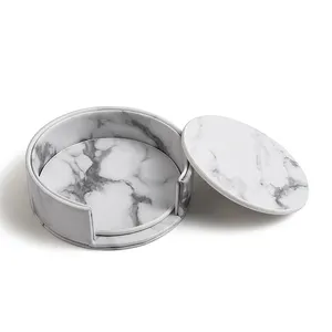 Heart Kitchen Customized PU Leather Drinking Cup Marble Coaster Set With Stand