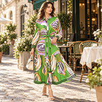 Gaun Kemeja Wanita Motif Bohemian Kasual Tenun Lengan Panjang Berikat Kancing Midi Pinggang Alami ODM