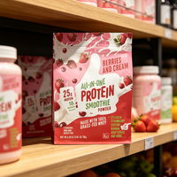 Poudre de Smoothie Protéiné Tout-en-un OEM ODM 180g Saveur Baies et Crème, 25g de Protéine de Lactosérum Issu de Vaches Nourries à l'Herbe avec 10g de Collagène