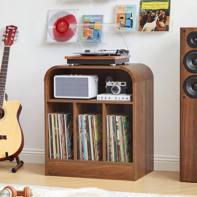3 Tier Record Player Stand with Vinyl Storage Open Shelves Turntable Table Walnut Record Holder Cabinet for Living Room
