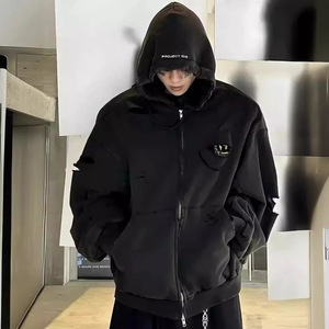 Áo khoác hoodie Hàn Quốc chất liệu cotton 100% màu đen đã qua xử lý, kiểu dáng mùa đông, có lỗ rách, khóa kéo đôi - Product Image 2