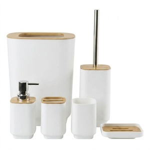 Juego de Accesorios de <span class=keywords><strong>Baño</strong></span> Modernos de Bambú de 6 Piezas, Color Blanco Mate, Ecológico, Duradero y de Lujo, con Dispensador de Jabón de Plástico y Cubo de Basura - Product Image 1