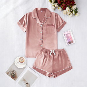 Conjuntos de <span class=keywords><strong>Pijamas</strong></span> de Dos Piezas con Cuello, Transpirables y Suaves, Ropa de Dormir Elegante de Satén en Varios Colores para Todas las Temporadas, Venta al Por Mayor - Product Image 5
