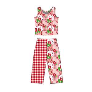 GSPO2297 Conjunto de Ropa para Niña Pequeña con Estampado de Fresas y Flores a Cuadros Rojos, Venta al por Mayor, Manga Corta - Product Image 1