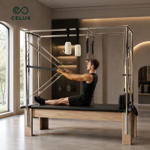 Reformer <span class=keywords><strong>Pilates</strong></span> Classico Direttamente dalla Fabbrica con Torre Completa in Legno di Quercia per Allenamento Yoga ed Esercizi - Product Image 4