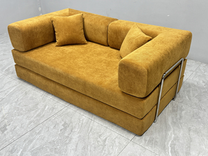 Sofá en Forma de L con Chaise Longue, de Metal Brillante, con Tela Texturizada a Rayas Amarillo Cálido, Estilo Industrial Moderno - Product Image 6