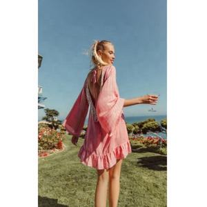 High Quality <b>Bohemian</b> Pretty Pink Loose Midi <b>Dress</b> With Twist Graceful Flare Sleeve Sexy Back & Thin Beaded Stripe - Product Image 1