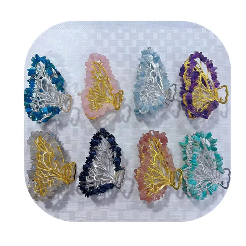 Wholesale crystals jewelry butterfly shaped gold natural mixed quartz crystal chips fashion crystal hair claw clips for gift