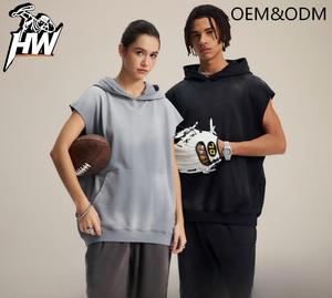 Gilet pull à capuche sans manches en coton éponge uni teint par pulvérisation, coupe ample, avec poche, pour homme - Nouveauté pour le streetwear de marque - Product Image 1