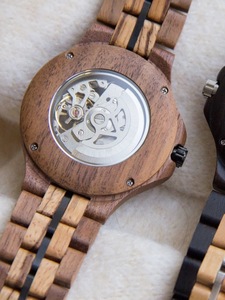 42mm <b>Black</b> Round Hollow Dial Wooden Sports <b>Watch</b> Stainless Steel Band Ceramic Strap Glass Window Movement for Business Diving - Product Image 6