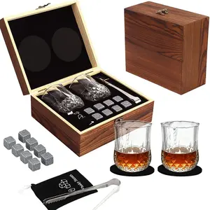 豪華な木製の箱にセットされたウイスキーギフト冷却石ウイスキーグラス男性用ギフトセット2個セットバーボングラス