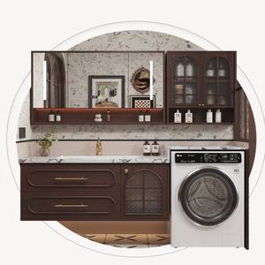 French style antique rock slab ceramic seamless basin intelligent <b>mirror</b> washing machine integrated bathroom cabinet - Product Image 5