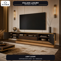Console TV flottante moderne sur mesure de luxe italienne, placage noyer foncé, finition métallique or champagne, éclairage LED, pour salon de villa