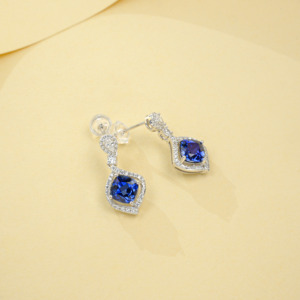 925 Sterling <b>Silver</b> Cushion Cut Lab Created Sapphire Drop <b>Earrings</b> with Halo CZ Accents - Product Image 5