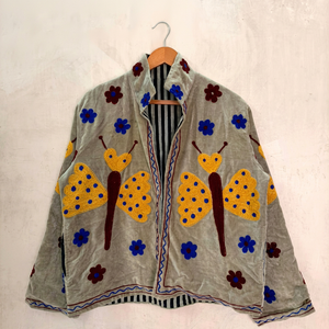 Vintage Grey Velvet Hand Embroidered Jacket With <b>Butterfly</b> And Floral Pattern Full <b>Sleeve</b> Stand Collar Bohemian Winter Outerwear - Product Image 1