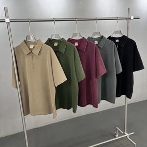 <span class=keywords><strong>Polo</strong></span> a manica corta vintage lavata in maglia waffle tinta a cera con cerniera YKK, personalizzabile, all'ingrosso - Product Image 1