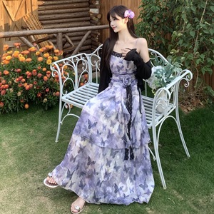 French Retro Butterfly Print Tie Dye Irregular Hem Pleated Waist <b>Suspender</b> Dress Spaghetti Strap Empire Waist Vintage Casual - Product Image 2